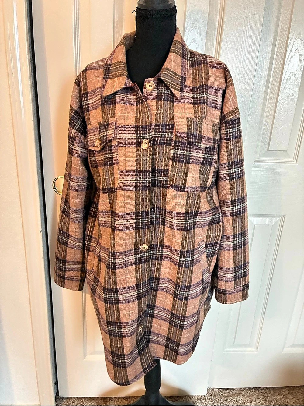 VOY Plaid Wool Blend Coat in Brown & Yellow Size Medium
